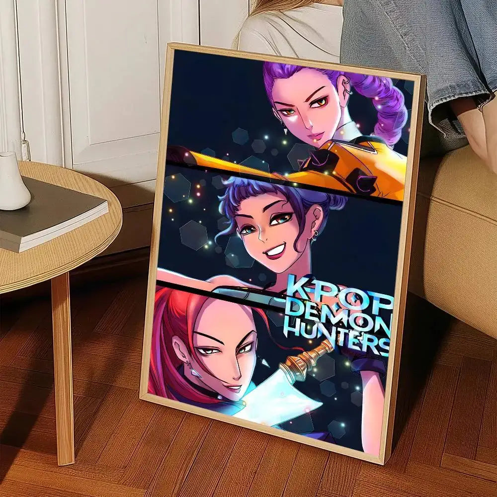 A framed k-pop demon hunters anime poster wall art sticker featuring three characters with vibrant hair on dark background