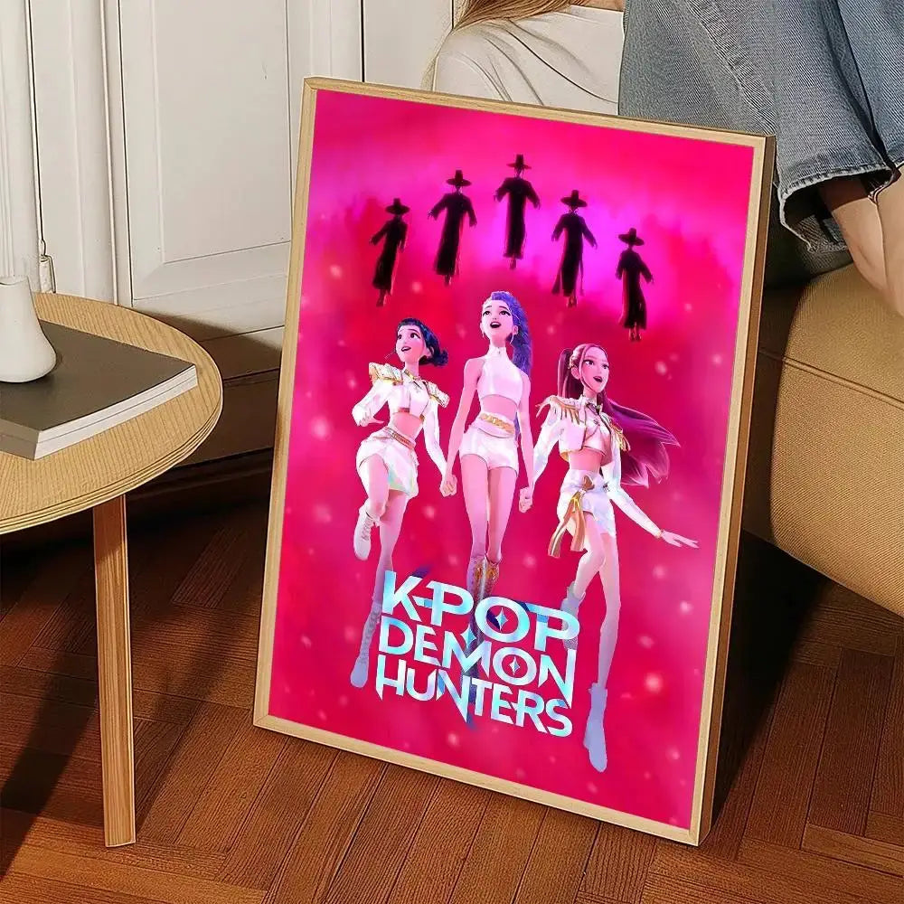 A vibrant pink k-pop demon hunters wall art sticker featuring three animated female dancers in white and gold outfits