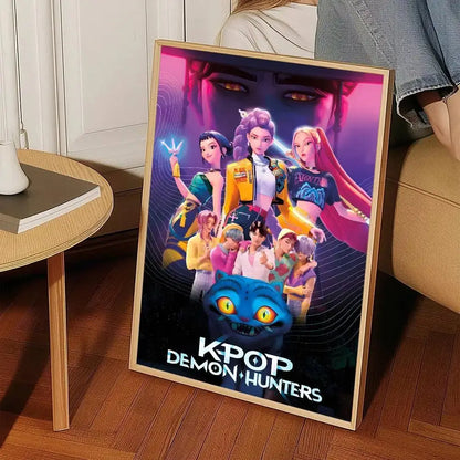A framed kpop demon hunters wall art sticker featuring vibrant characters and a glowing blue cat on a dark background