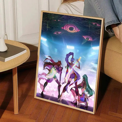 A framed k-pop demon hunters wall art sticker featuring three characters in purple, pink, and teal against a cosmic background