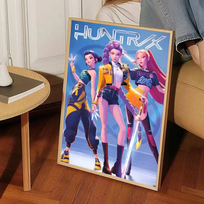 A framed k-pop demon hunters wall art sticker featuring three anime-style female characters in vibrant colors