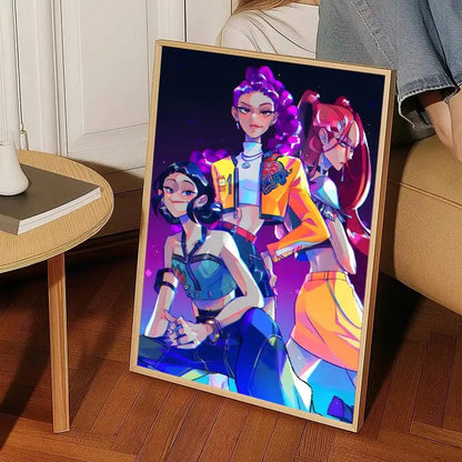 A vibrant k-pop demon hunters wall art sticker featuring three stylized anime characters with purple and orange accents