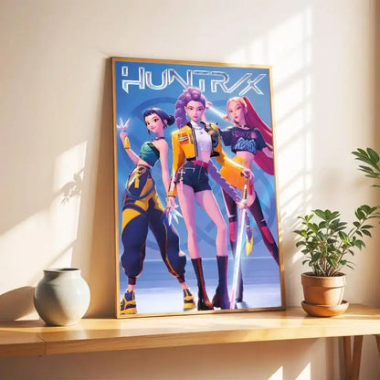 A framed huntrxx k-pop demon hunters wall art sticker featuring three anime-style characters in vibrant outfits