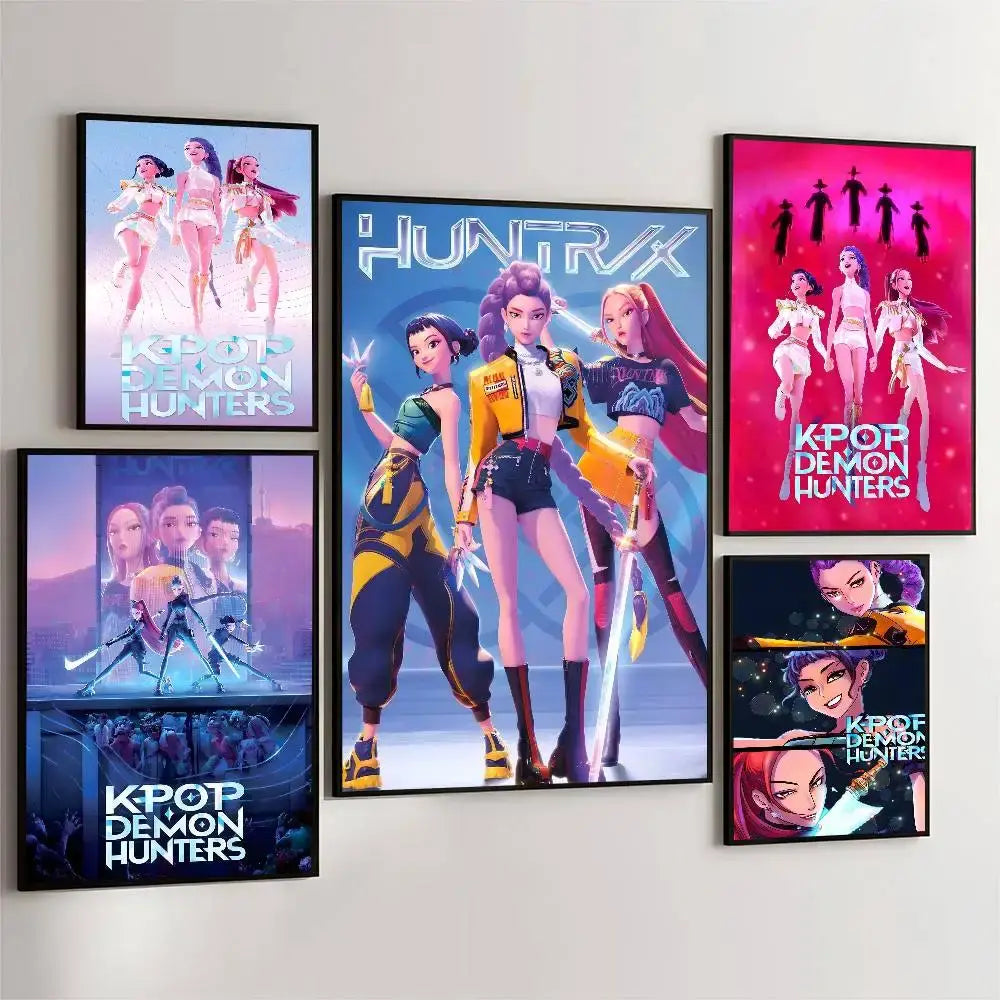 Set of five framed kpop demon hunters anime wall art stickers with vibrant colors and dynamic designs waterproof material