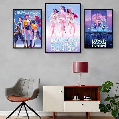 Three framed k-pop demon hunters animated character wall art stickers with distinct colors waterproof art sticker