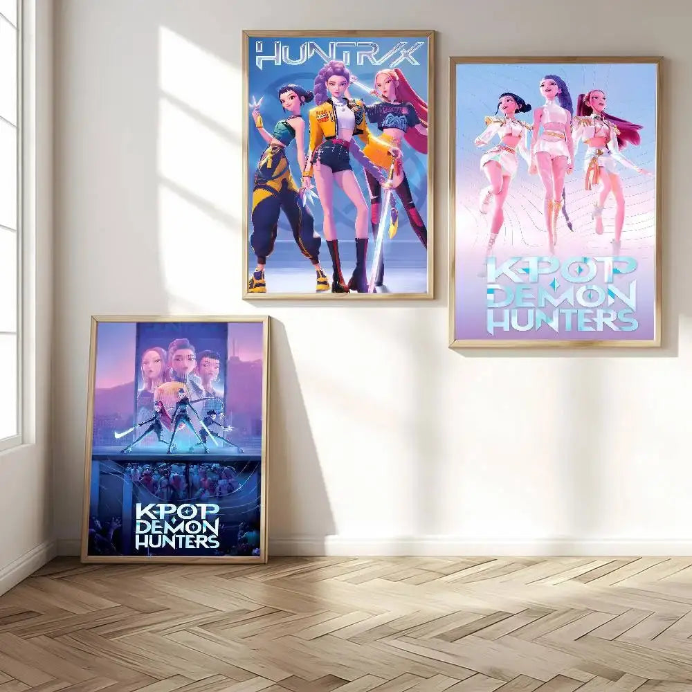 Three framed k-pop demon hunters wall art stickers with vibrant neon blue purple yellow and pink anime-style designs