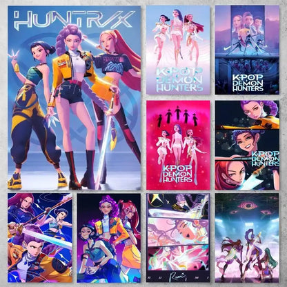 K-pop demon hunters wall art sticker with vibrant digital art of stylized female characters in bold colors and dynamic poses