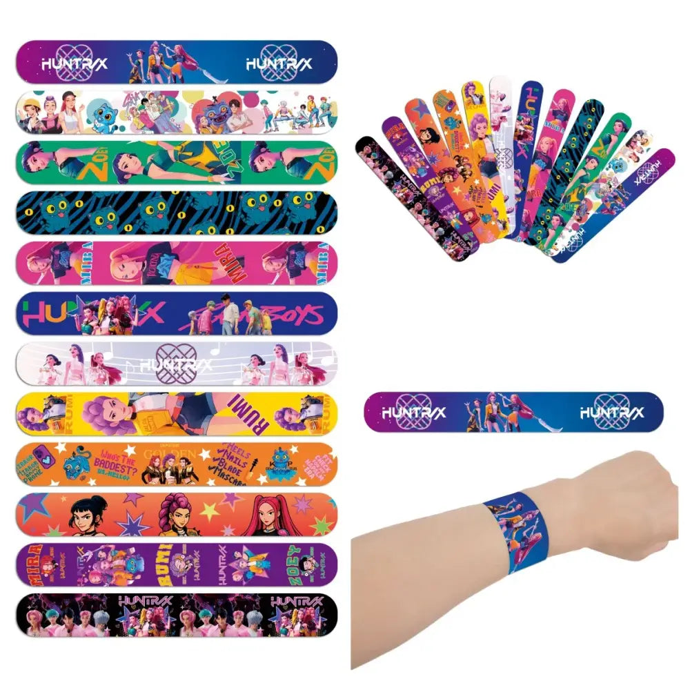 Colorful k-pop theme slap bracelets with vibrant cartoon characters and huntrx branding for party favors