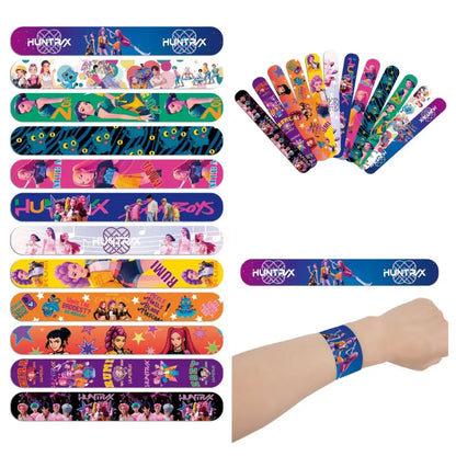 Colorful k-pop theme slap bracelets with vibrant cartoon characters and huntrx branding for party favors
