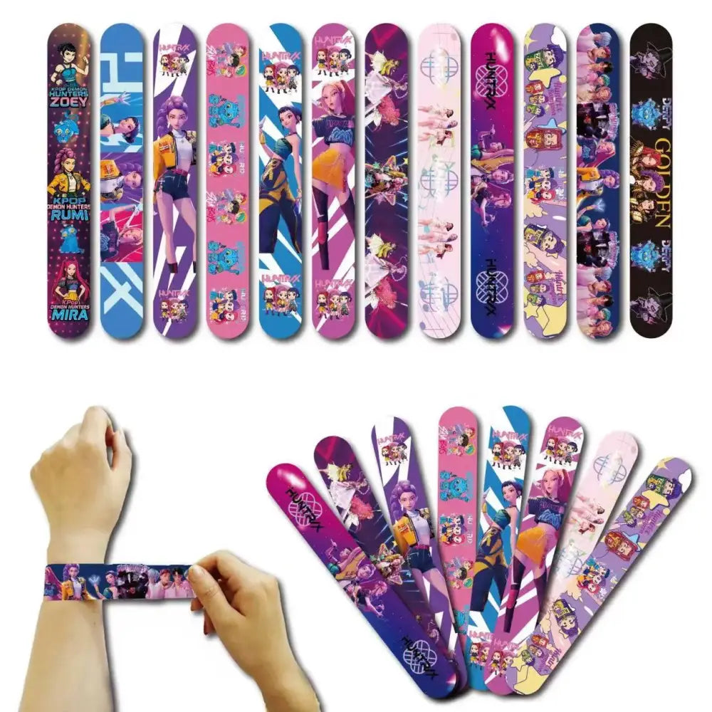 Colorful k-pop theme slap bracelets with flexible anime-style character designs from the hunters series party favor set