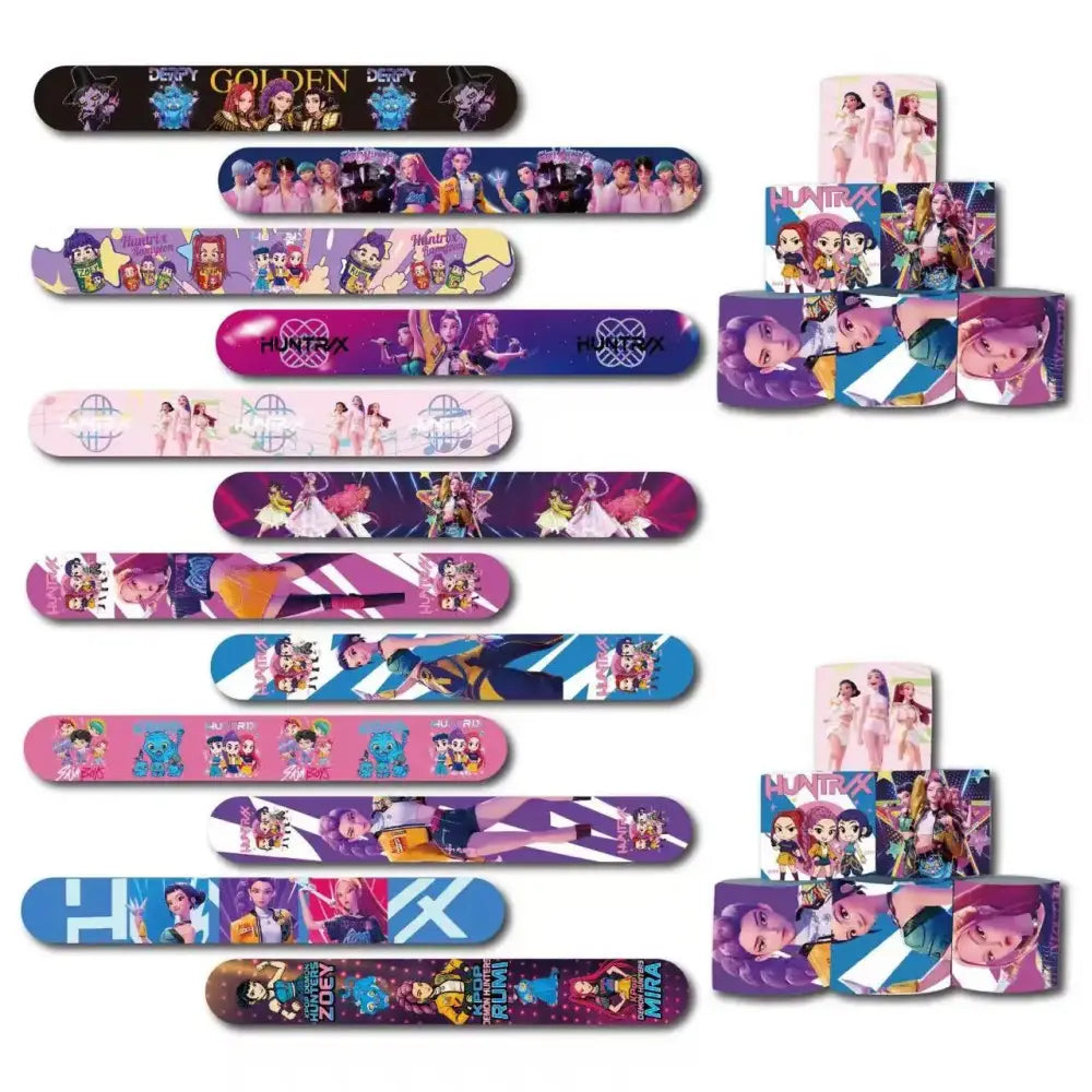 A collection of colorful k-pop theme slap bracelets featuring vibrant huntrx nail file band designs for party favors