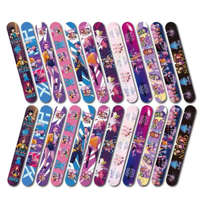 A set of colorful cartoon-themed nail files with mira and golden characters in k-pop theme slap bracelets party favor set