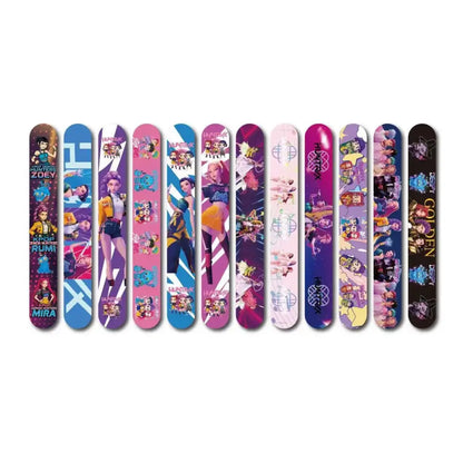 A set of colorful k-pop theme slap bracelets featuring vibrant anime-style character designs for party favors