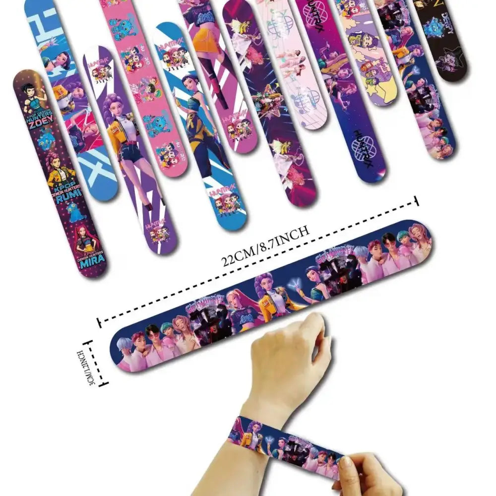 Colorful k-pop theme slap bracelets with flexible vibrant anime character designs in pink purple and blue for parties