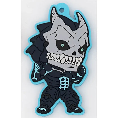 Kaiju no 8 character black and gray rubber keychain with glowing green eyes and blue accents made of pvc material