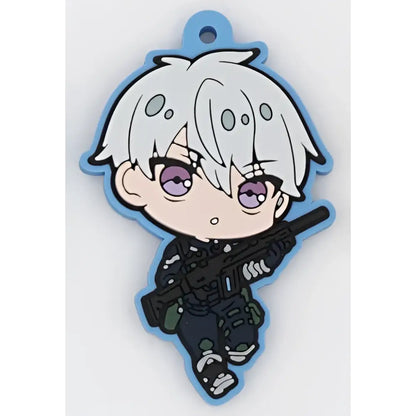 Chibi-style kaiju no 8 character rubber keychain with silver hair and tactical gear made from durable pvc material