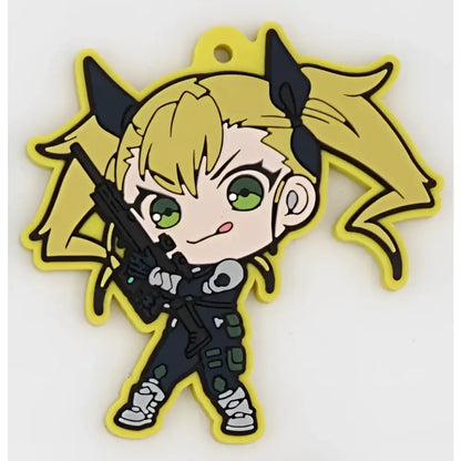 Yellow pvc material rubber keychain featuring chibi anime character with blonde pigtails and black cat ears holding a rifle