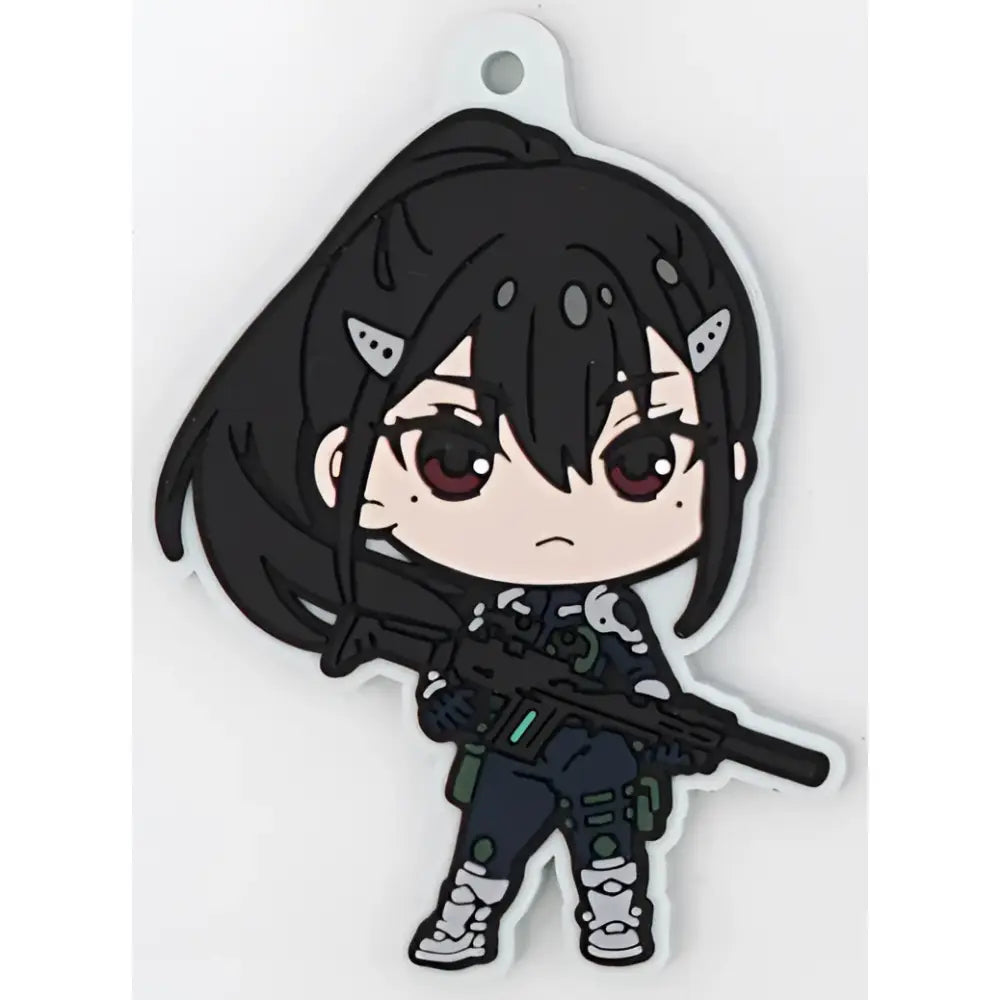 Black and white pvc material kaiju no 8 character rubber keychain with chibi anime cat ears holding assault rifle