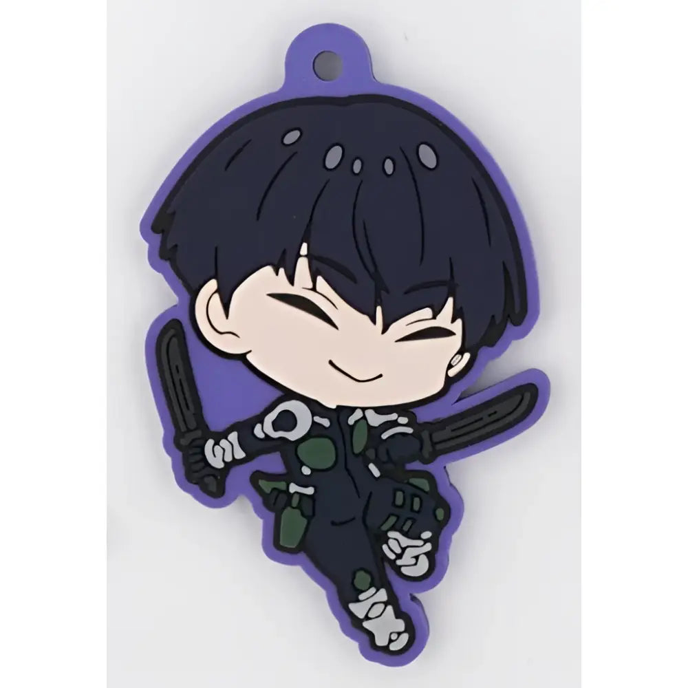 Purple rubber kaiju no 8 character keychain with chibi black hair warrior in green and white armor made of pvc material