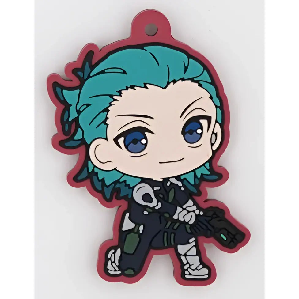 Kaiju no 8 character rubber keychain with teal hair blue eyes black and white armor and red outline made of pvc material