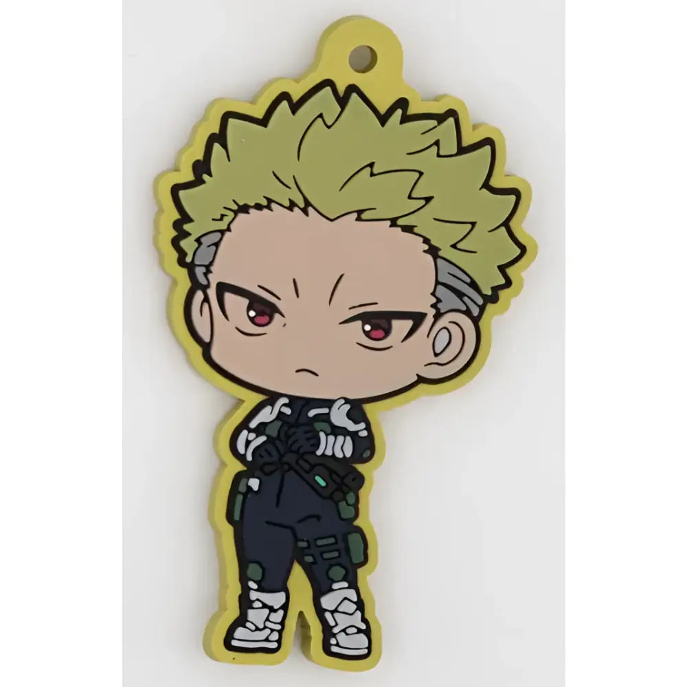 Yellow rubber keychain featuring a chibi spiky blonde character in dark tactical gear made of pvc material