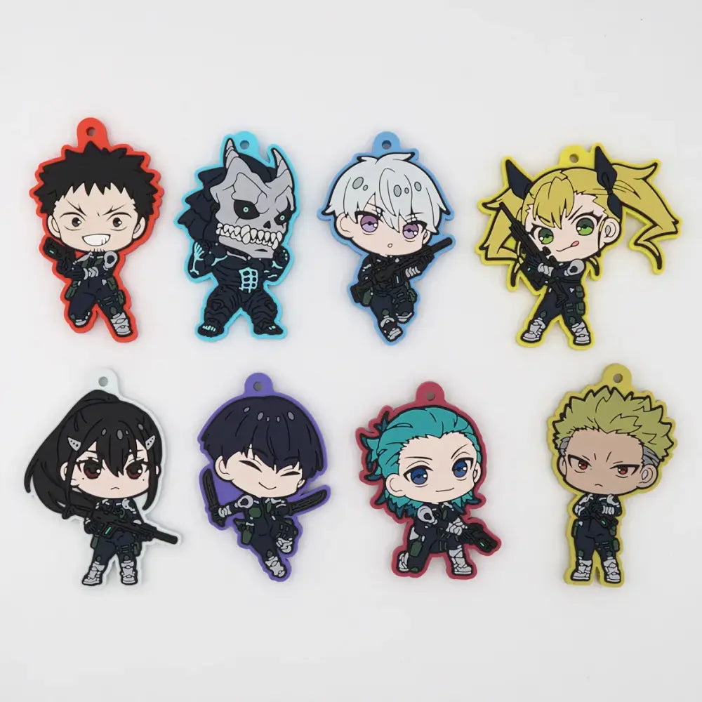 Set of eight colorful Kaiju No. 8 character rubber keychains in pvc material with chibi tactical anime designs