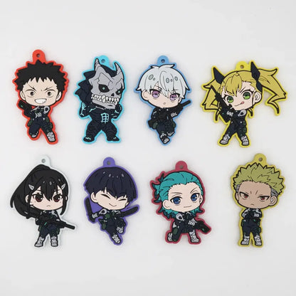 Set of eight colorful Kaiju No. 8 character rubber keychains in pvc material with chibi tactical anime designs