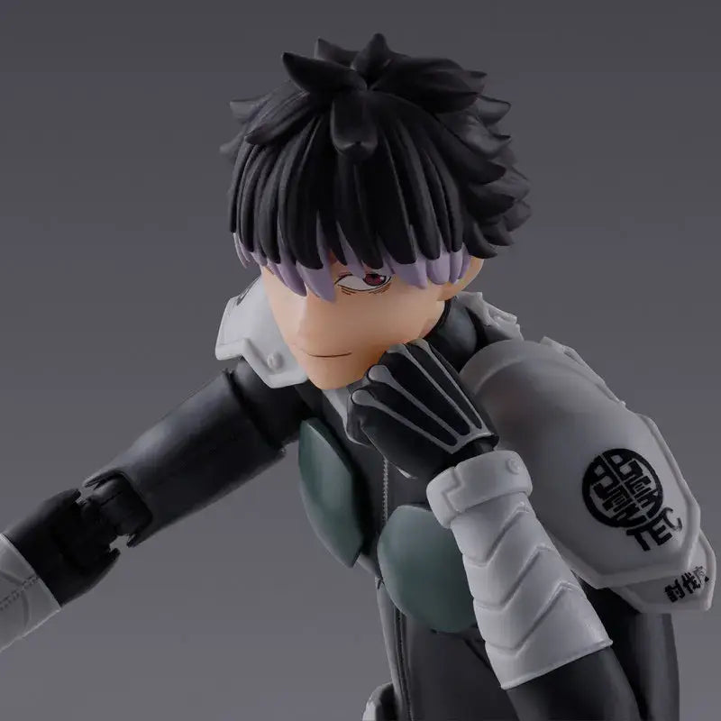 Kaiju no 8 gen narumi action figure features black hair with purple bangs and black white armored outfit with teal shoulder pads