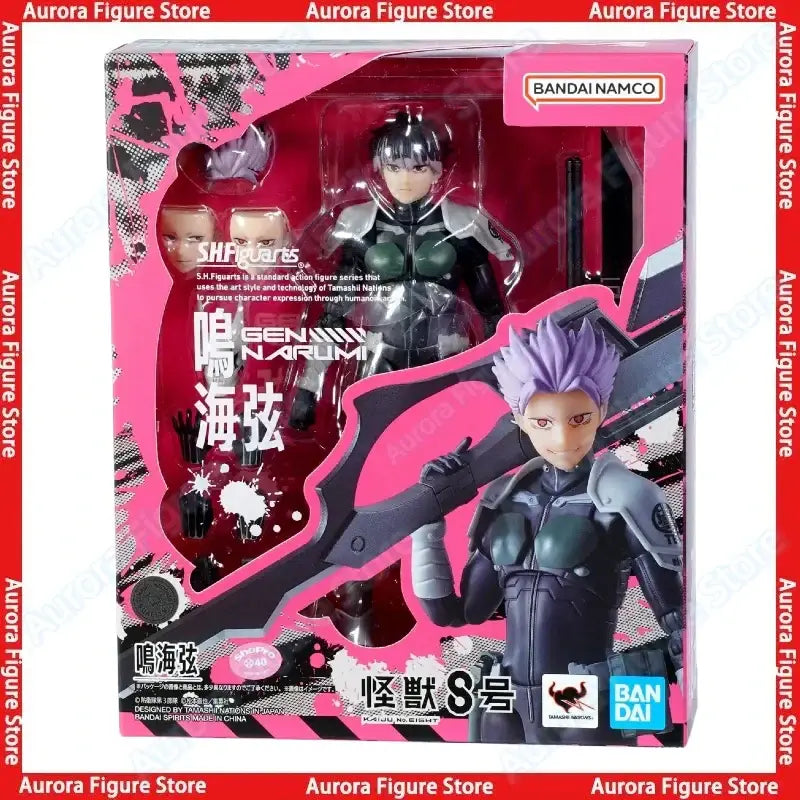 Black and silver pvc gen narumi action figure in detailed armored suit with purple hair holding large weapon in packaging