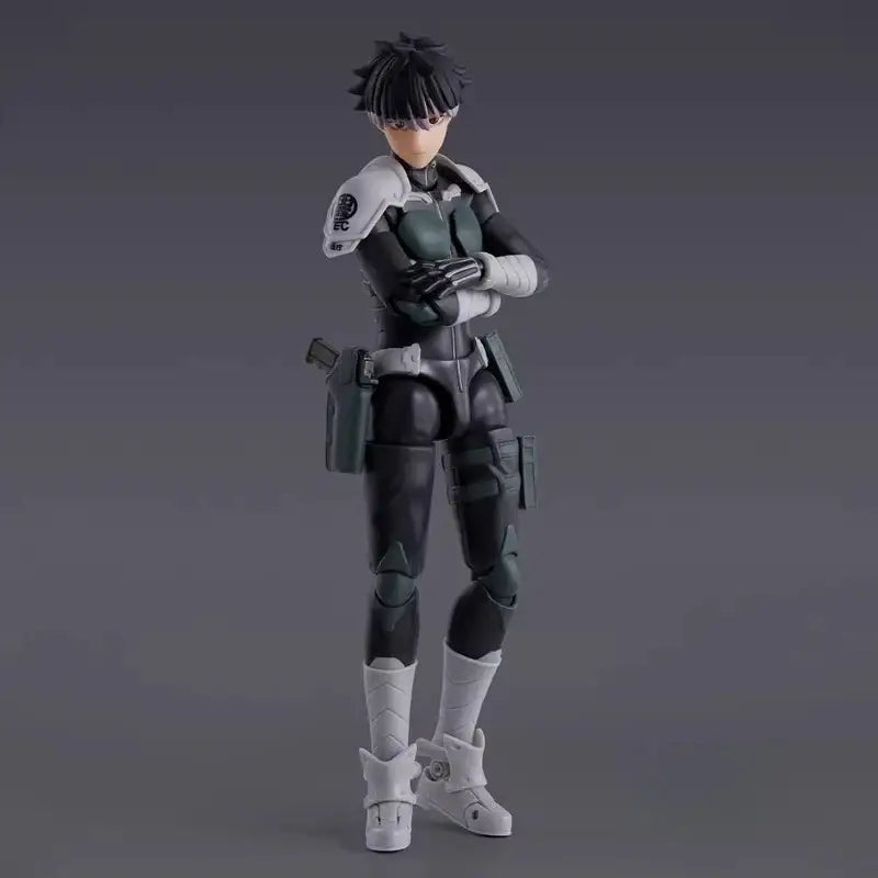 Kaiju No 8 Gen Narumi action figure in black and white PVC with green accents and detailed tactical suit design