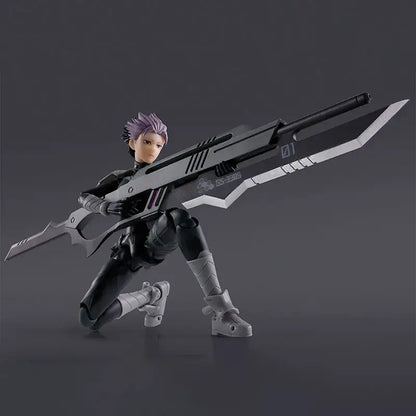 Kaiju no 8 gen narumi action figure with purple hair in black gray tactical gear holding futuristic silver rifle pvc figure