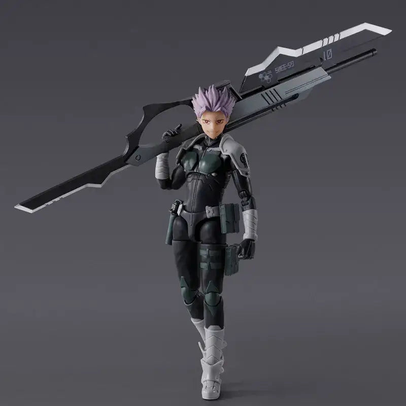 Gen Narumi action figure with purple hair in black gray tactical suit holding large white accented futuristic weapon pvc figure