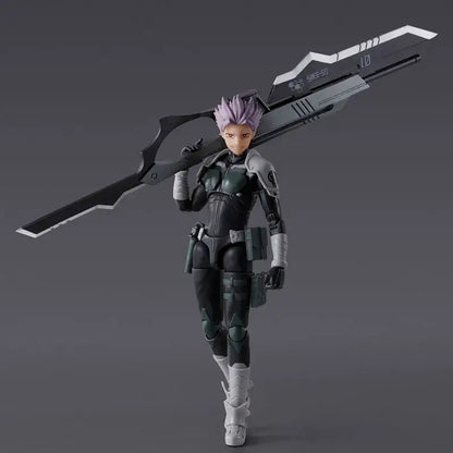 Gen Narumi action figure with purple hair in black gray tactical suit holding large white accented futuristic weapon pvc figure
