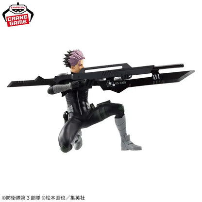 Black and gray gen narumi pvc figure with spiky purple hair holding large black weapon designed by sanrio crane game
