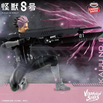 Kaiju no 8 gen narumi pvc figure 24cm in black and gray with purple hair holding detailed black gs-3305 rifle