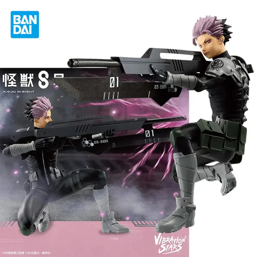 Black and gray gen narumi pvc figure with spiky purple hair holding large gun from kaiju no 8 measuring 24cm