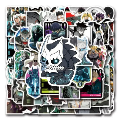 Black and white cartoon skull graffiti sticker with glowing blue eyes from kaiju no 8 graffiti sticker set