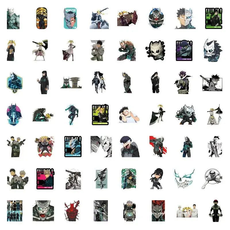 A colorful kaiju no 8 graffiti sticker set featuring 57pcs decals with various anime character designs and styles