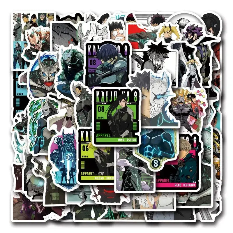 Kaiju no 8 graffiti sticker set featuring 57 colorful anime-themed decals for creative decoration and collection
