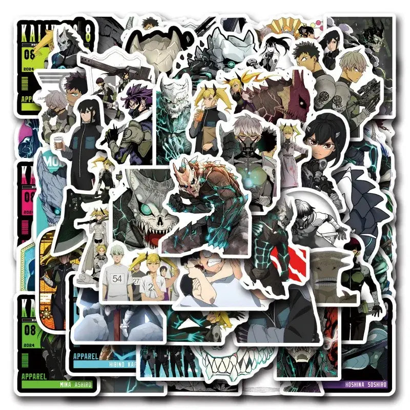 Kaiju no 8 graffiti sticker set with 57pcs decals featuring colorful anime character designs and styles