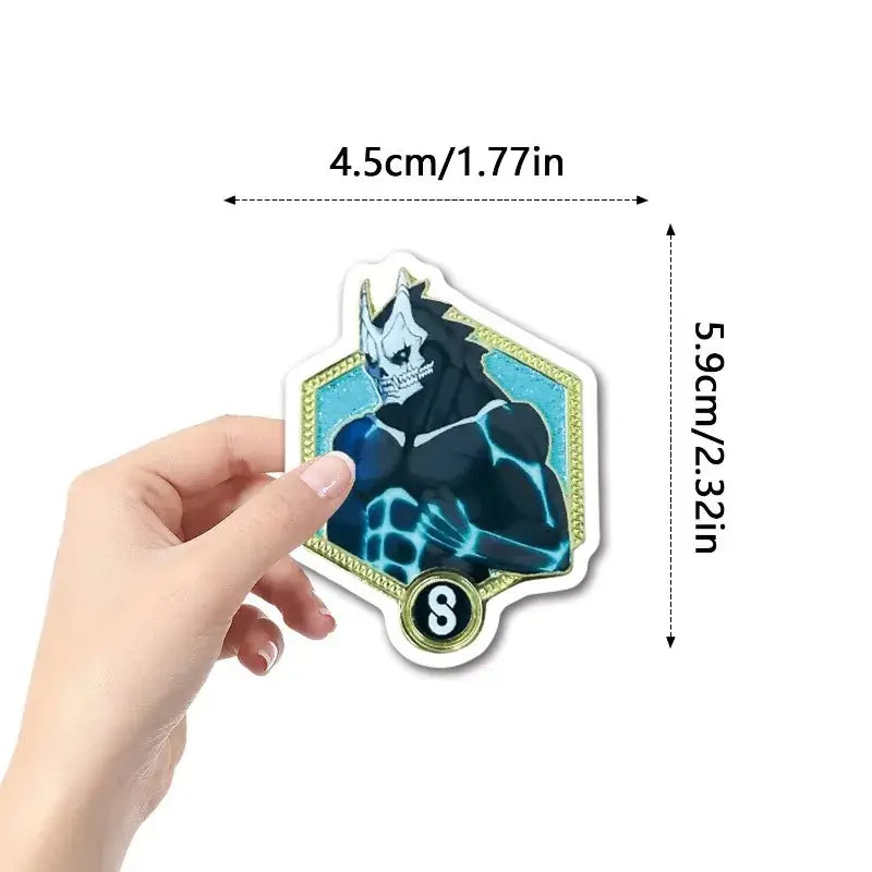 Hexagonal sticker from kaiju no 8 graffiti sticker set featuring blue and black skeletal character with cyan energy lines