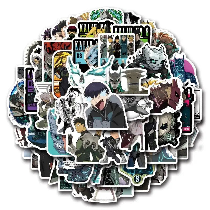 Kaiju no 8 graffiti sticker set 57pcs decals featuring vibrant anime kaito characters on glossy adhesive paper