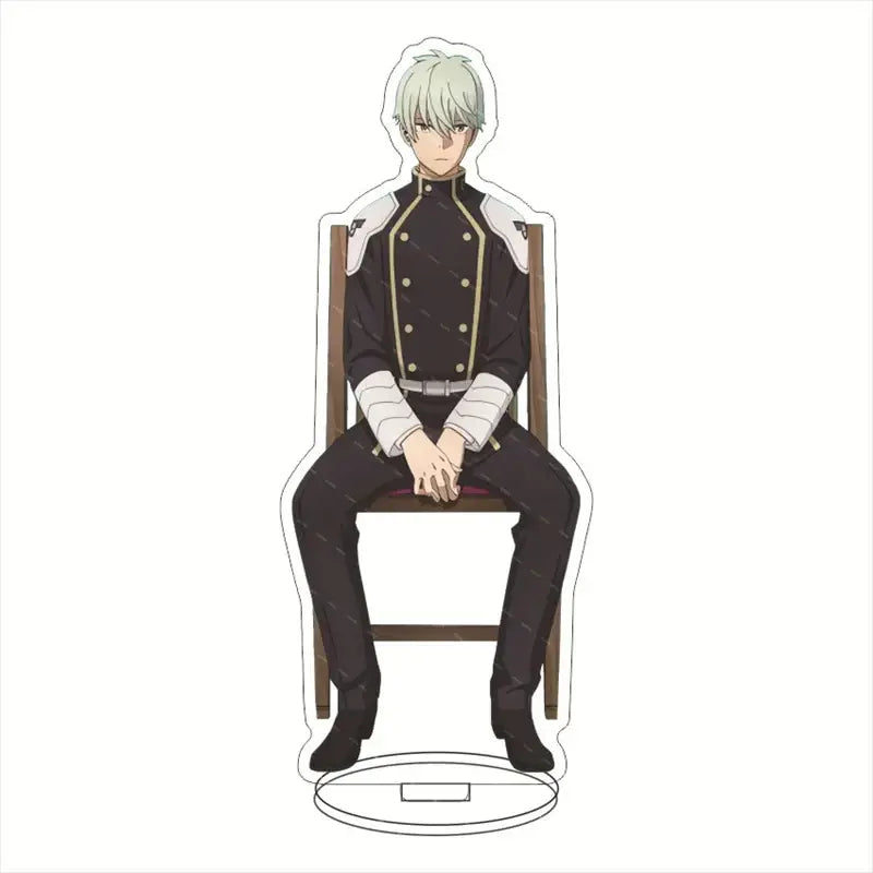 Black and white hibino kafka acrylic stand with gold trim details seated on wooden chair base for desktop display
