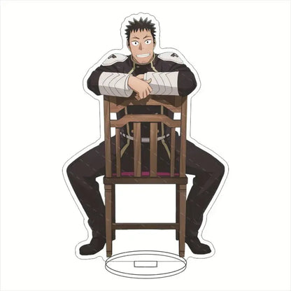 Black and white hibino kafka acrylic stand of kaiju no 8 character sitting on wooden chair 15cm desktop display