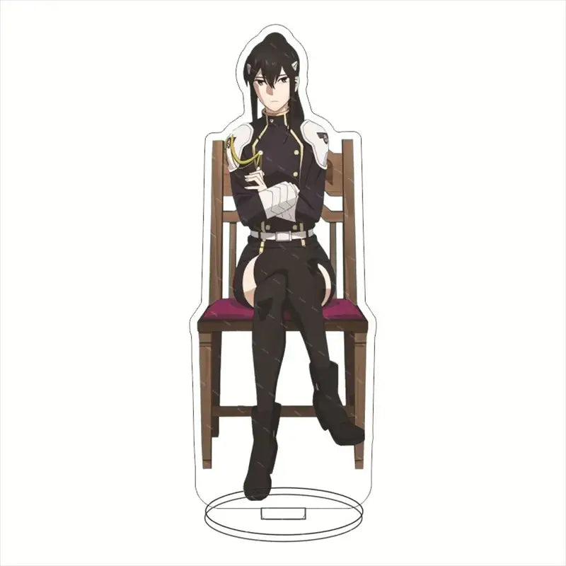 Black and white hibino kafka acrylic stand seated on wooden chair with purple cushion and gold uniform accents