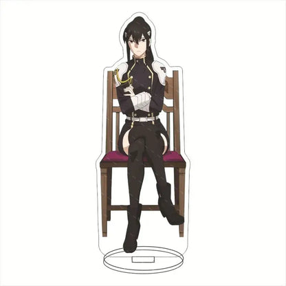 Black and white hibino kafka acrylic stand seated on wooden chair with purple cushion and gold uniform accents