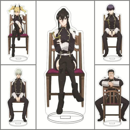 Black and white hibino kafka acrylic stand with gold accents sitting on wooden chair 15cm desktop display