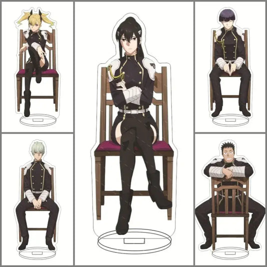 Black and white hibino kafka acrylic stand with gold accents sitting on wooden chair 15cm desktop display