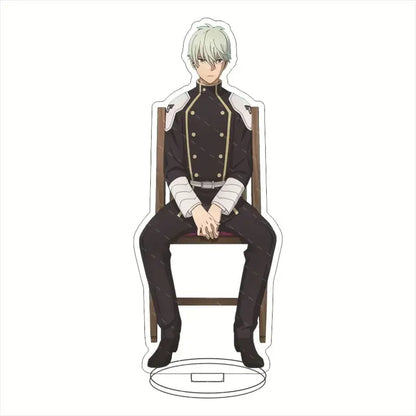Black and white hibino kafka acrylic stand with gold trim seated on wooden chair base for desktop display