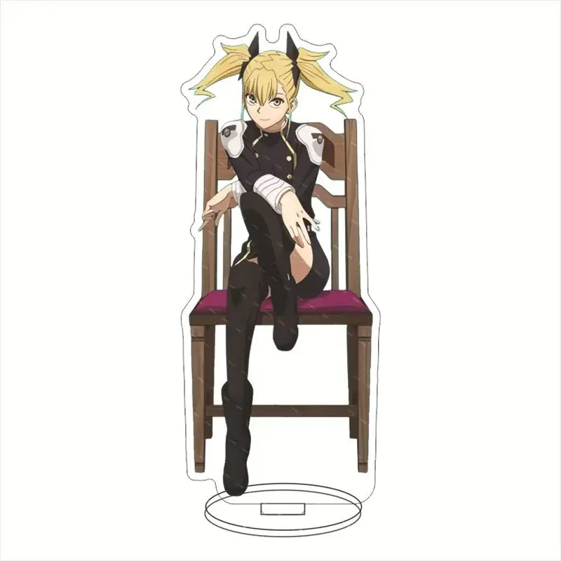 Black and white hibino kafka acrylic stand with blonde pigtails sitting on wooden chair 15cm desktop display
